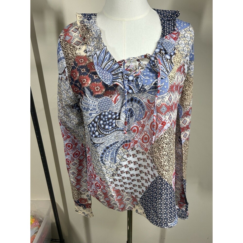 Moments Womens Blouse XL Artsy Print Ruffled V-Neck Trumpet Slvs NEW 068